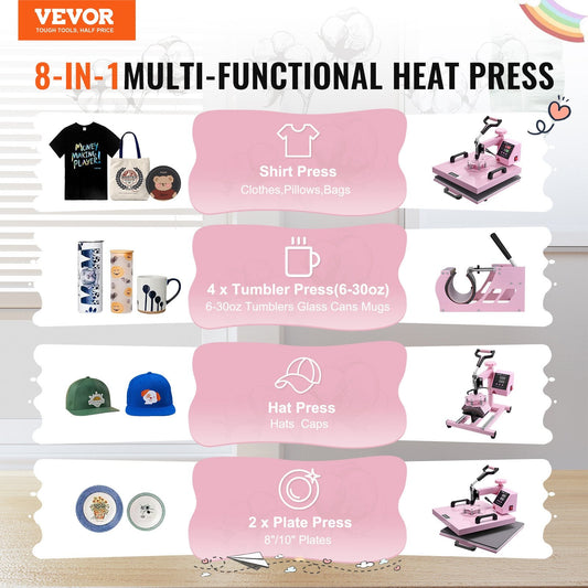 VEVOR Heat Press Machine, 15 x 15 inch, 5 in 1 Heat Transfer Machine with 30 oz Tumbler Press, 360° Swing Away T-Shirt Pressing, Digital Precise Control, for T-Shirts/Mugs/Hats/Plates, Pink